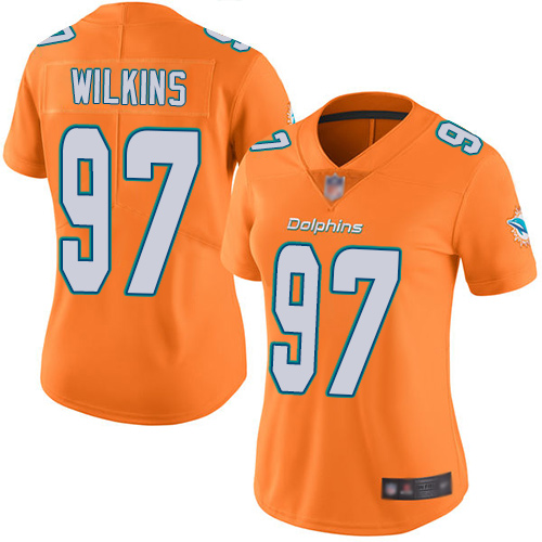 Nike Miami Dolphins #97 Christian Wilkins Orange Women Stitched NFL Limited Rush Jersey